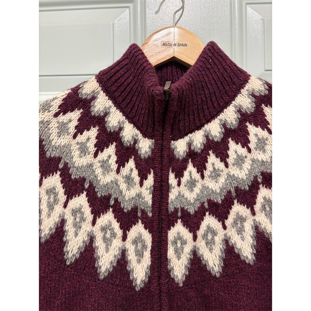 L.L.Bean Cardigan Sweater Womens M Burgundy Fair Isle Nordic Full Zip Knit - Picture 2 of 11